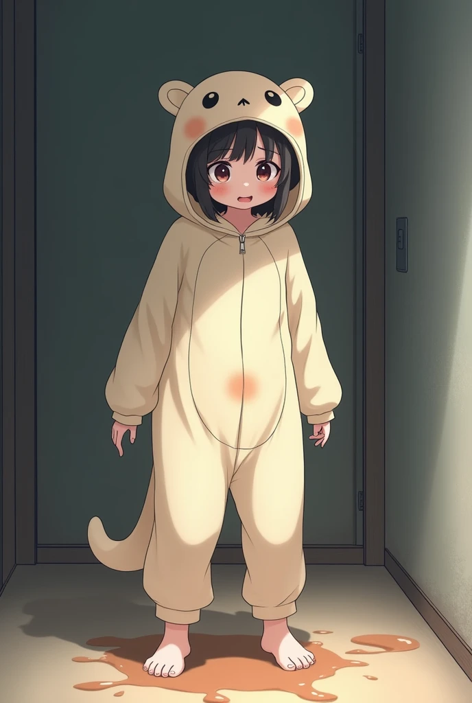 An illustration of a person standing in a kigu-onesie with no visible zipper, in a slightly embarrassed and awkward posture. Their legs appear shaky and are buckling slightly as if struggling to maintain balance. A noticeable wet stain is spreading on the ...