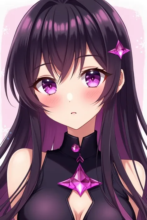 An idol with long straight hair, very stylish, attractive and elegant with a dark purple color, highlights, some pink details, pink eyes formed in purple, two arctic stars with sex points on both eyes, she is dressed in idol costume. 