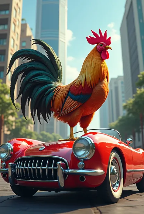 A rooster and a car