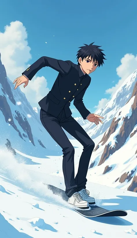 10 Feet Tall anime boy black hair anime boy, Closed mouth, serious, kuudere,  misaki mei man, delgado, black Gakuran Buttoned up uniform collar, Long legs, white sneakers,2D default standing, hands to the sides,on a snowboard escaping and outrunning an ava...