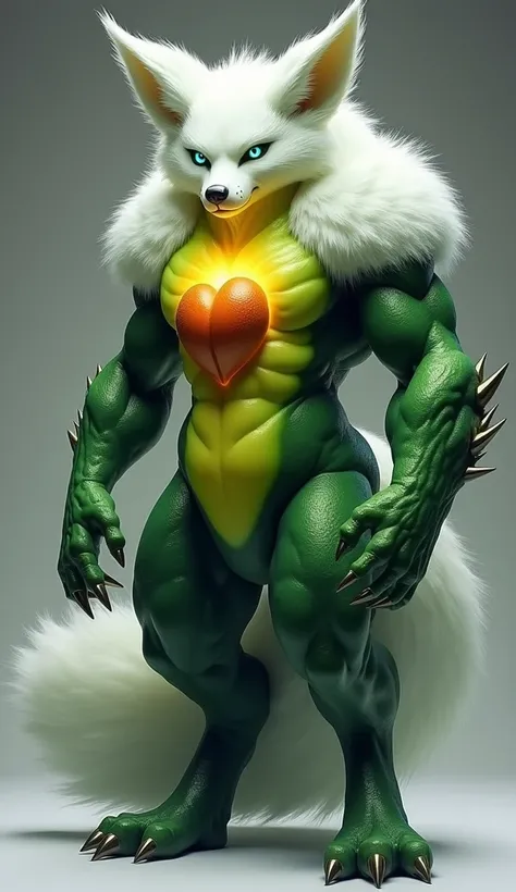 Create a massive, muscular hybrid creature fusing a Snow Fox and an Avocado. This evolved form towers at 10 feet, exuding raw power and agility. The creatures body is covered in thick, snowy white fur with areas of dark green, textured skin resembling the ...