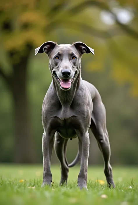 A gray dog of the Braco Weimar hound breed in a park with trees