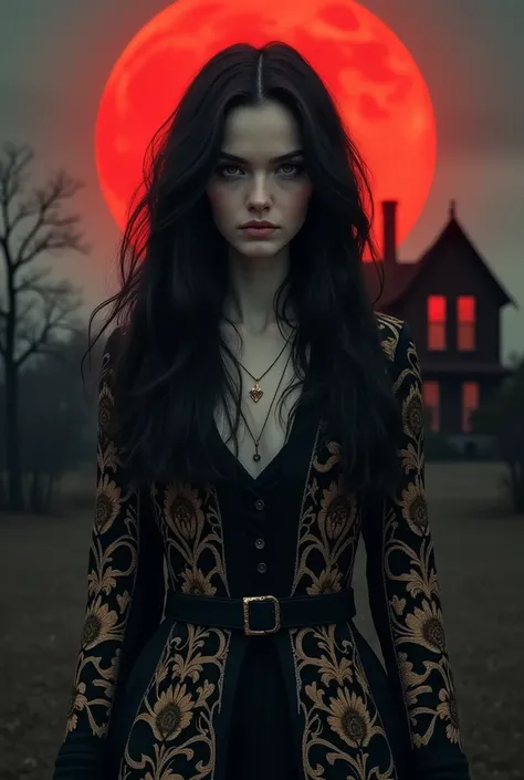 A pale adult teen with wavy black hair stands under a crimson moon, wearing an ornate black coat adorned with golden floral patterns. Her distant gaze and the eerie silhouette of a house behind her create an air of mystery and quiet strength. Full body



...