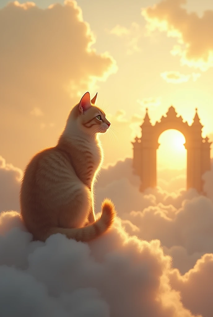  A cat sitting alone on a cloud ,  looking towards the horizon with a serious and reflective expression.  The sky is full of warm shades of gold and white ,  with rays of soft light that illuminate the cat . at a distance, You can see the doors of paradise...