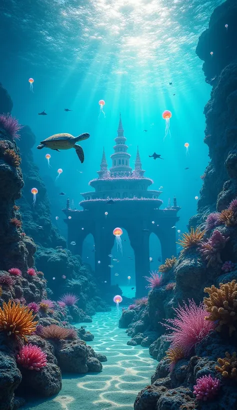 "A serene underwater kingdom illuminated by sunlight filtering through the ocean surface. The scene showcases an ethereal palace made of coral and crystal, surrounded by schools of glowing fish in shades of orange, blue, and pink. Giant sea turtles and man...