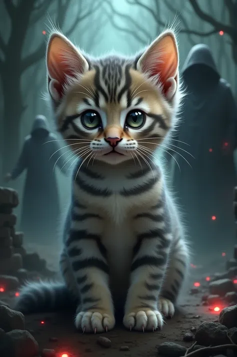 Create dark fantasy style image of a gray beige and white tabby kitten