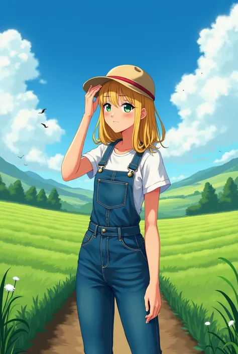 A blonde woman in farmer overalls wiping her swety brow while overlooking her fields with a fond look, anime style.