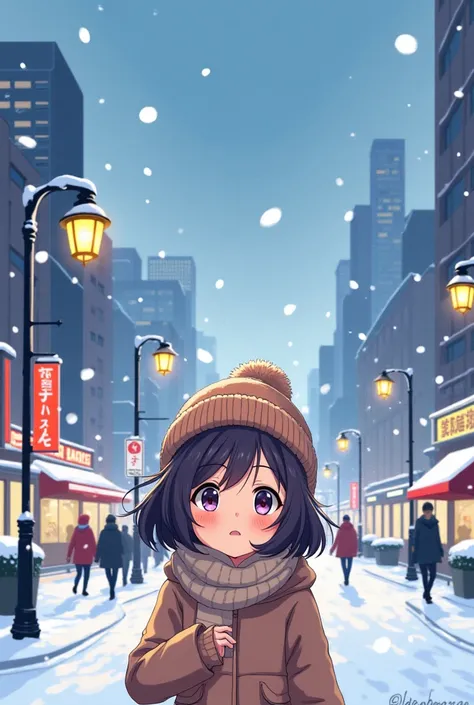 Anime​ girl​ in the city in winter and snow 