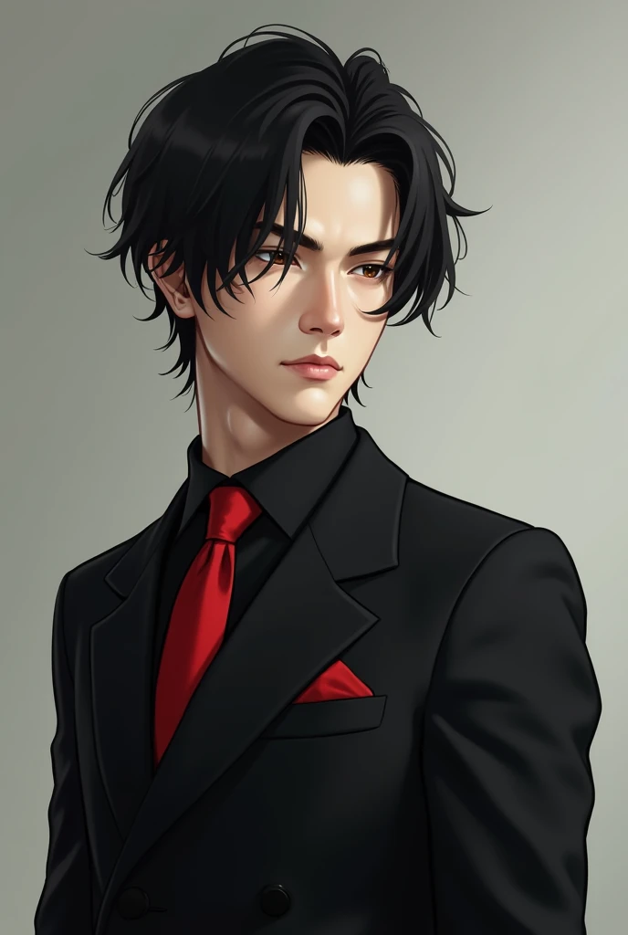 a handsome young man, with beautiful skin, Hes Japanese with black hair , He is serious,  wears a black suit and red tie
