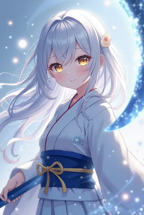 a beautiful innocent girl, bright white shiny hair, curly bright white eyelashes, wearing a demon slayer outfit, a white haori with a wisteria flower pattern, Snow white skin, carrying an ice scythe, sparkling gold colored eyes.