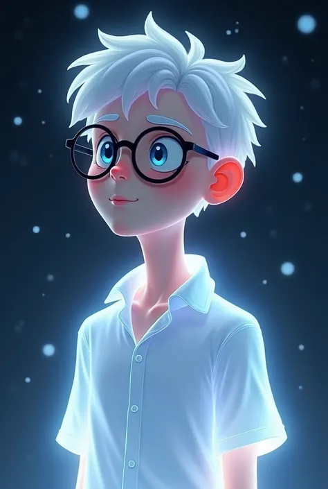 The adult teen boy is depicted as an ethereal, ghost-like figure with a pale, glowing complexion that radiates a supernatural presence. His hair is short, slightly tousled, and white, enhancing his spectral appearance. He wears round black-framed glasses, ...