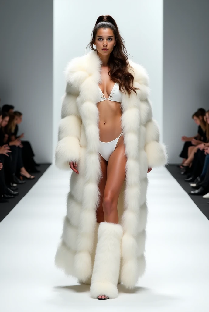 a beautiful woman wearing a very wide and extremely thick white mink fur coat, the coat is 200cm thick and fluffy, with an extremely thick white mink fur collar, 3 layers, (fur fashion show), garter belt, nordic beauty, high ponytail, (gigantic breasts), (...