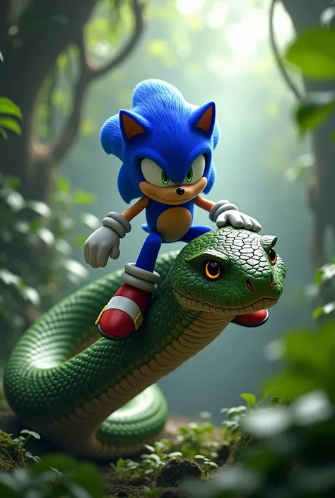 Create me an image of Sonic riding an anaconda