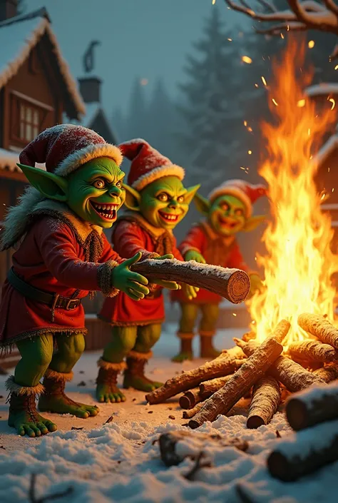 evil little Christmas elves identical to the Grinch participating in a fire