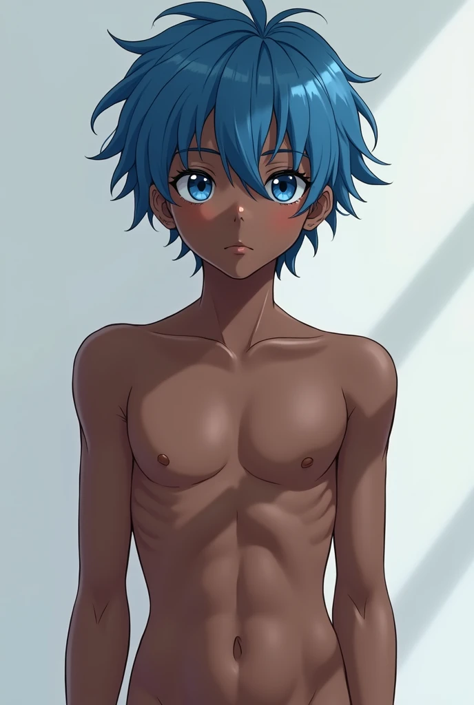 Create the naked blue-haired dark-skinned anime teen boy without clothes