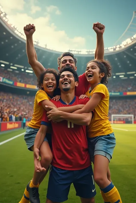  The son scores a goal in a soccer match and the father, the mother and the sister celebrate for him. The mother, the son and the sister are latinos, father greek