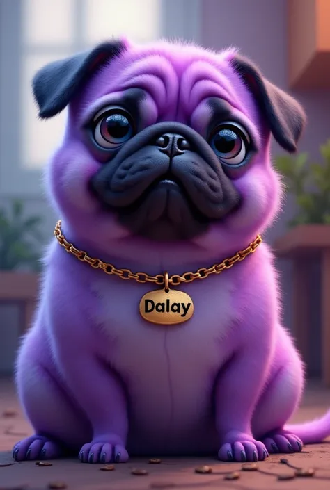 A chubby pug with very big eyes and who is very tender and has a purple skin color and who has a necklace that says Dalay