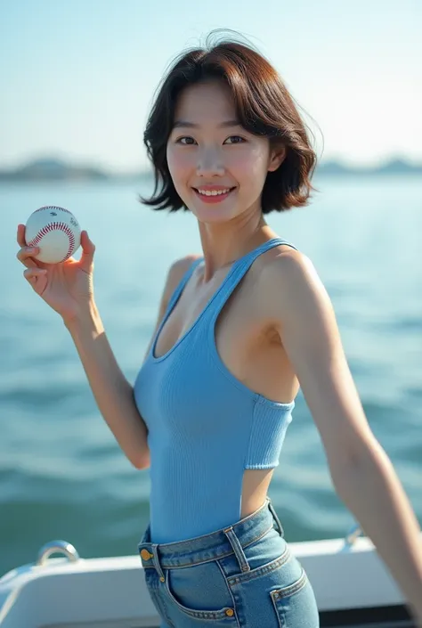 Highly realistic 8k photos, sea background, standing on a boat, Holding the baseball with one arm out to the side and clearly visible, Korean woman, Wearing a blue sleeveless top and jeans, standing face to face, Looking at the camera, short hair, A little...