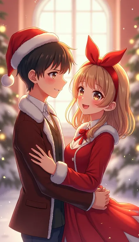 Nicely decorated anime couple dressed for Christmas 