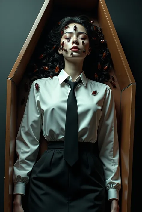  A dead woman dressed in a white shirt and black tie and skirt lies in a coffin. There are several cockroaches running around his face.