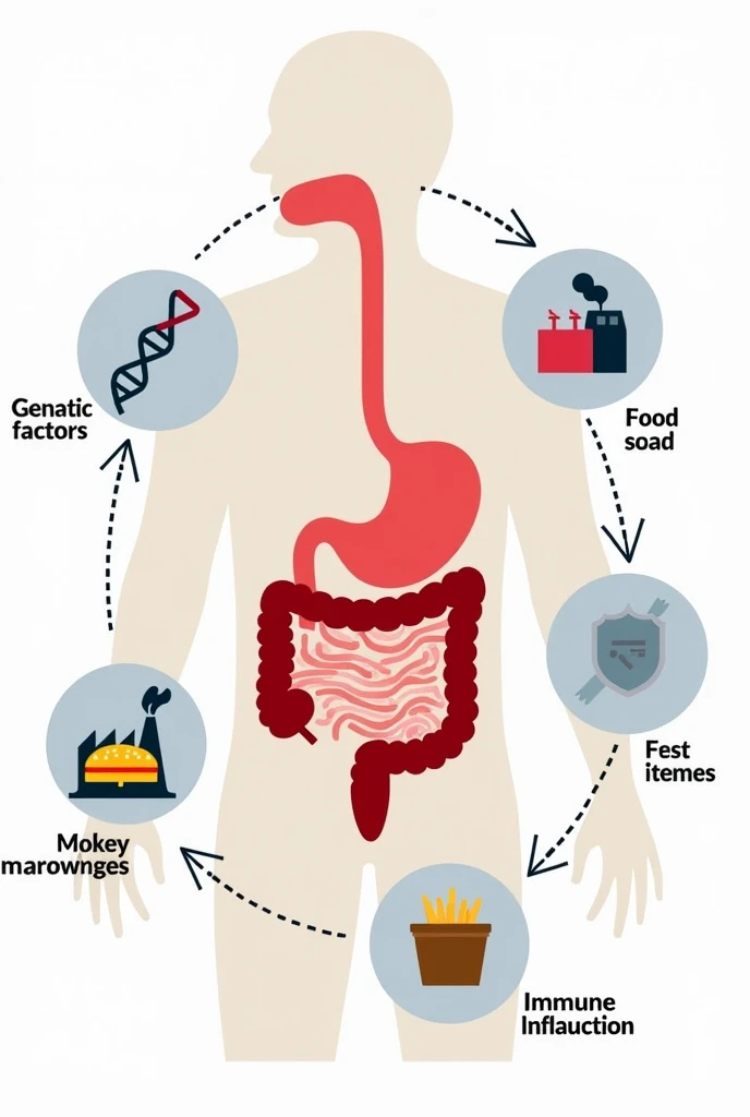 A detailed and modern medical diagram illustrating the interaction of factors leading to Inflammatory Bowel Disease (IBD). The diagram features:
	1.	A DNA strand to represent genetic factors.
	2.	A factory emitting smoke or fast food items to symbolize env...