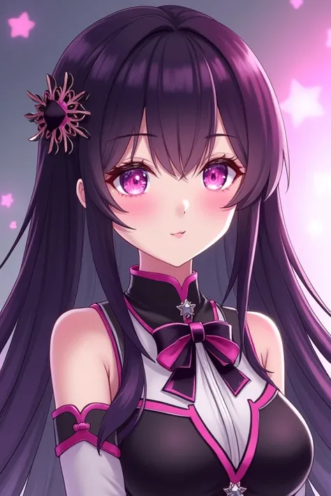 An idol with long straight hair, very stylish, attractive and elegant with a dark purple color, highlights some pink details, pink eyes formed in purple, two arctic stars with sex points on both eyes, she is dressed in idol costume, she has two 6-pointed a...