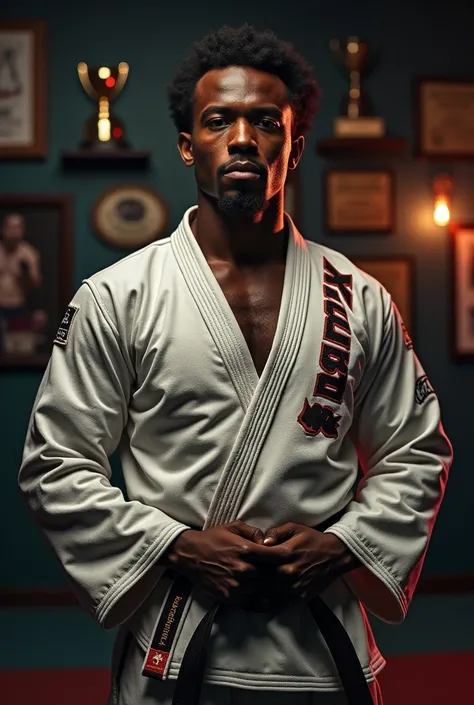  An African-American black belt in Brazilian jiujitsu, with a kimono embroidered with  " world kombat " .