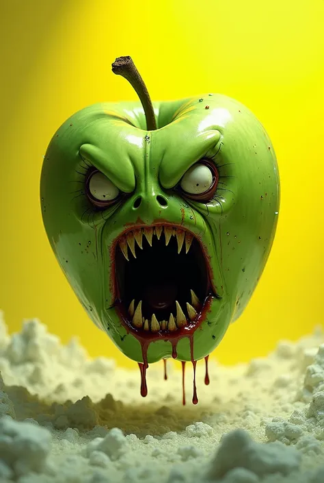 an evil green apple that screams in a bright yellow and white beautiful hell