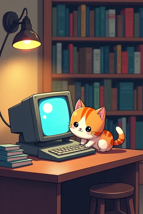   A cute cat messing with the 80s PC on the library table with a wall full of books, Chibi reading light 