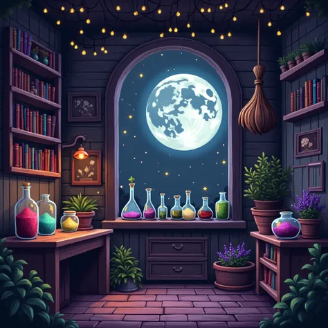 8 bits, #pixelart, abigail stardew valley, stardew valley, cozy and cute .  Slightly dark lighting /gray and purple .  A magic witchs shop ,  Bookshelves ,  a large round window showing a full moon , ceiling with fairy lights ,  a floating broom ,  glass j...