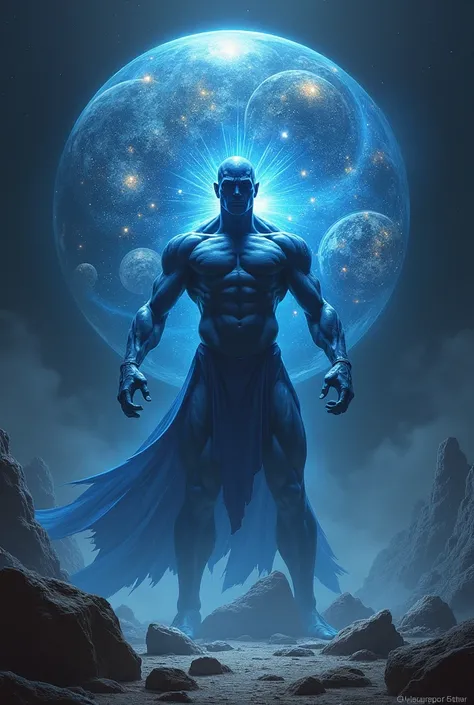 A muscular blue guy in a black space with spheres with drawn universes