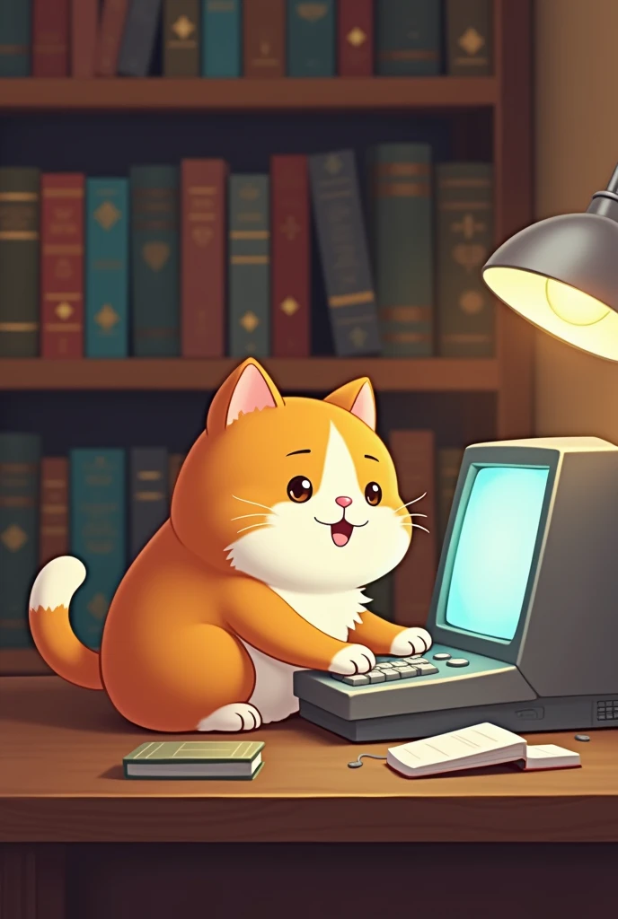 Cute fat cat Chibi sitting fiddling with the 80s PC on the library table with a wall full of books, Chibi reading light 