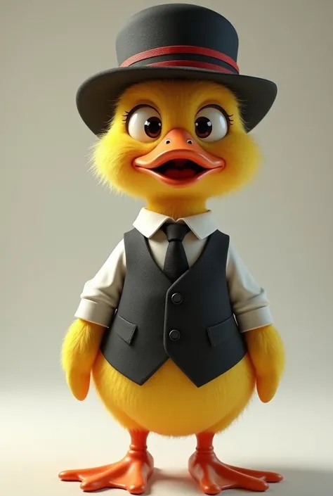 A yellow duck with a human body, wearing a white shirt, black vest and black tie. With a black hat and a red stripe on his hat