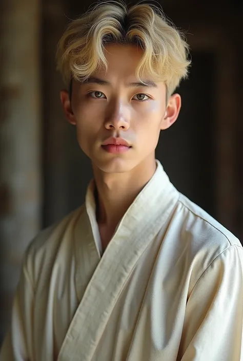  A young Korean man with short blond hair very old clothes from the Greek era white skin , clear eyes, Korean age between 20 and 26 years old .Mulher alta pele clara  clear eyes coreana roupas bem antigas da época dos gregos idade entre 20 e 26 anos.