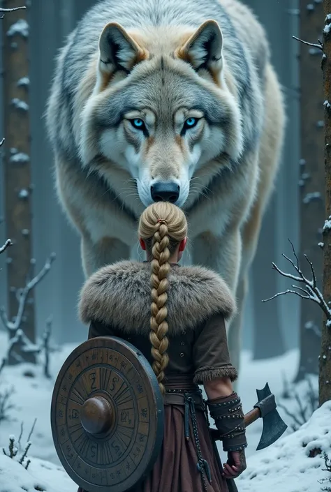 Blonde Viking Woman Facing a Giant Wolf

A fearless Viking shieldmaiden stands tall in the center of a dense, snow-covered forest, her blonde hair braided tightly and adorned with beads and leather cords. She wears leather and fur armor, her round shield e...