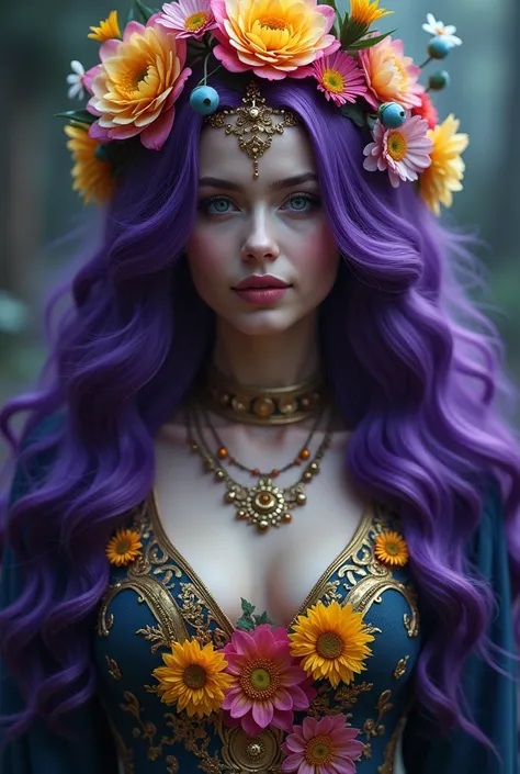 Valor Deep purple shiny, chromatic textured hair beautiful happy slavic woman apperance in the shining Blue storm and black tempest with the amazing vibes of lovable visage beautiful yellow and gold flowers on her chest and belly in victorian-like pattern ...