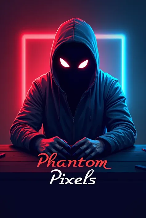 Give me, a logo for a group with a plot of a game room where entering, you choose your alter ego, that is a character from video games, TV series or anime, named Phantom Pixels, with red and blue colors