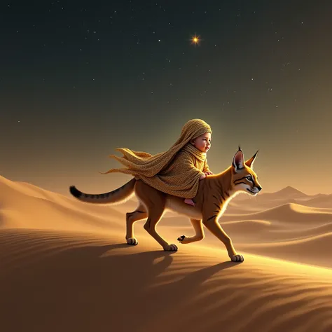  realistic visual of a baby in a shimmering golden pharaoh costume, riding a nimble caracal ,  crossing sand dunes under starry desert skies .