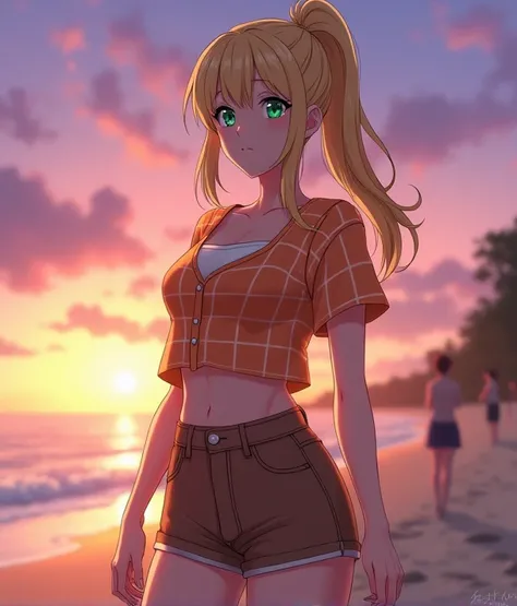  A 17-year-old anime-style lady , To Love Ru, Standing on the sand of Odiaba Beach in Tokyo, ,  with some people nearby during the afternoon with a purple and orange sky with the sun setting on the horizon , she measures 1, 69 cm high ,  her measurements a...