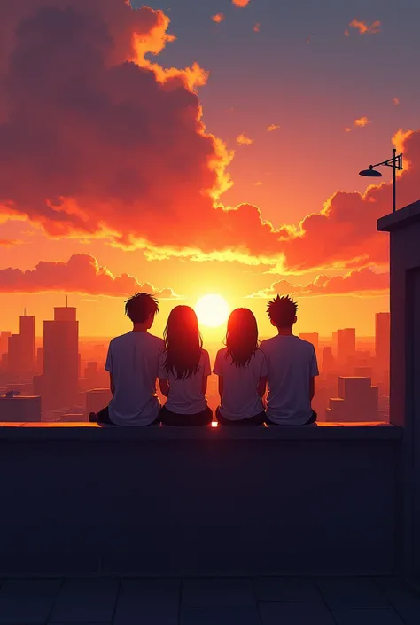 Create beautiful art style "concept ART" Colored without errors or flaws the black silhouette of a group of 4 young friends sitting on top of an urban building watching the sunset.