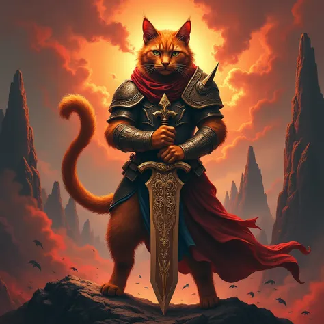 an orange cat dressed as a god of war carrying a blade of chaos weapon with the inscription Keyra on a hellish background with a half body photo