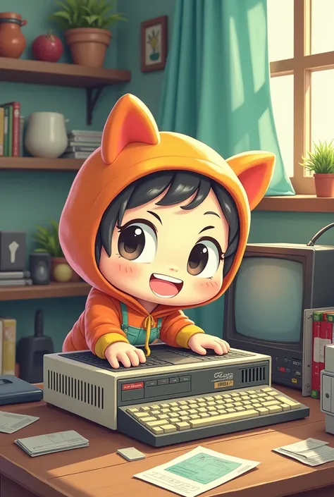 A cute chibi character messing with an old PC