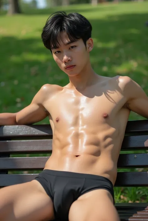 Body shot of tall young sixpack korean male teenager with cute expression front facing eyes lying down and hands back at park bench sunny day shirtless and only wear super tight small wet black underwear with splited legs with shiny sweating wet body big a...