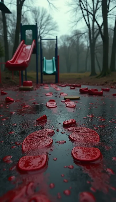 Playground with bloody clothes on the slide and blood on the floor and footprints of a monster