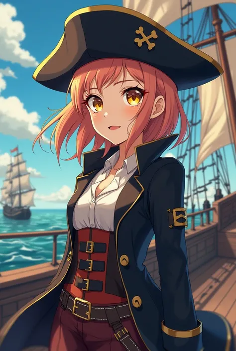 slender girl of medium height with big yellow-orange eyes, peachy hair of medium length and narrow eyebrows.In the style of Tokyo Avengers.In the form of a pirate with a ship in the background.