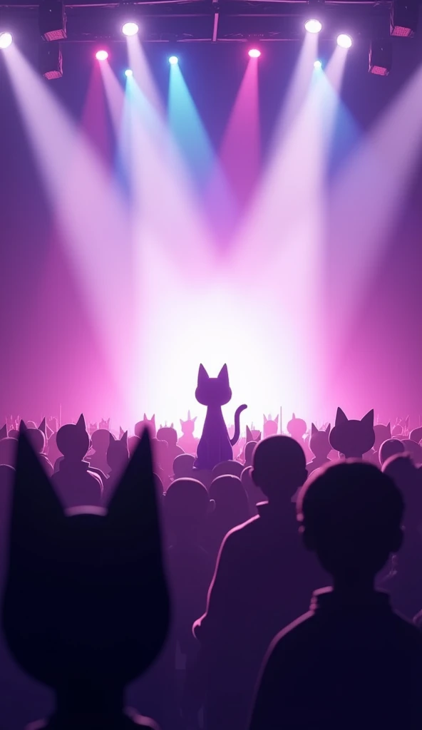  The animated stage is filled with bright white and violet lights that explode with a cinematic effect. in the center,  the silhouette of an anthropomorphic cat appears animated with adorable and expressive details . The lights reflect vibrant colors in th...