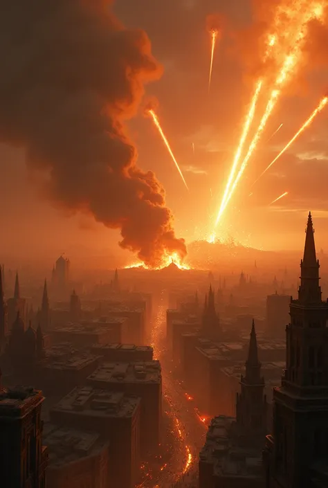 Create an image of the city of Sodom being destroyed by burning meteors seen from above 