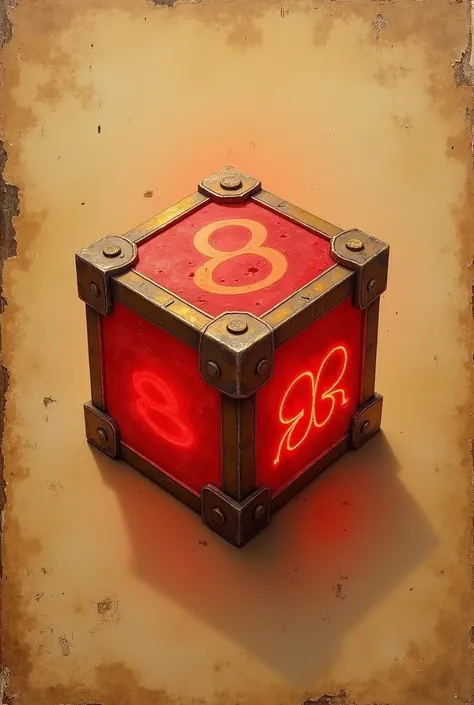 ( is a red magic glowing cube with a symbol "∞" or "8" on the edges ), (, the metal border on the cube )  symbol is depicted on a yellowed page of an old book. Full size vertical view from above.  old style .   The image is made with oil paints in the styl...