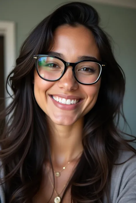 23-year-old Latin woman with a dark , glasses,  tone smiling or serious in different photos such as selfies