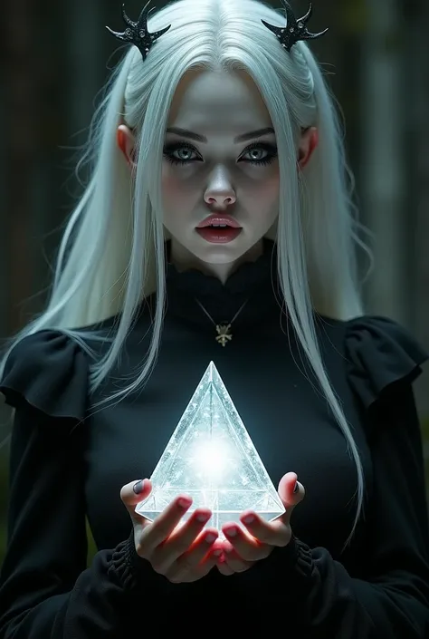 A white hair gothic woman holding a tetrahedron in her hands.